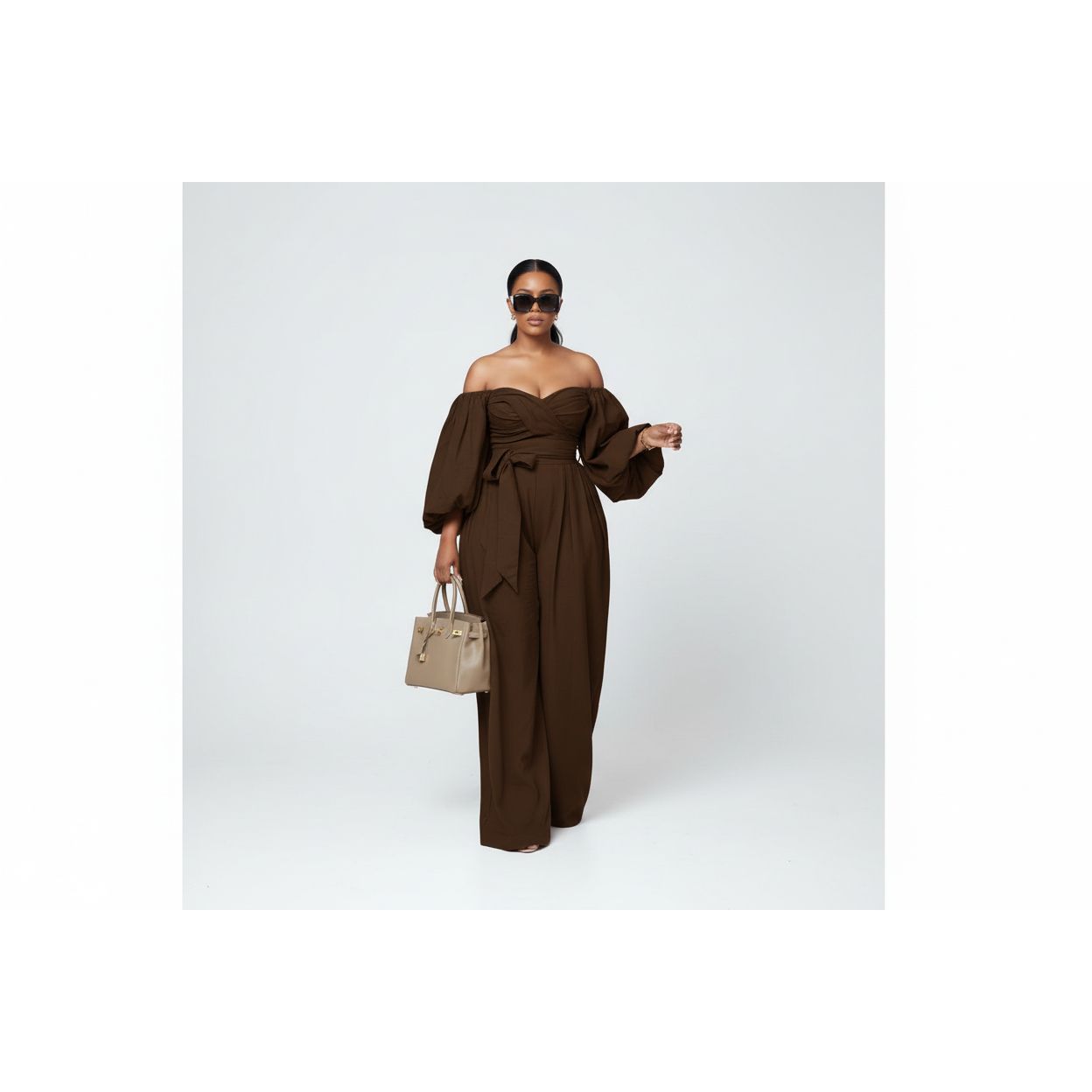 Off Shoulder Puffy Top And Maxi Wide Pant Set