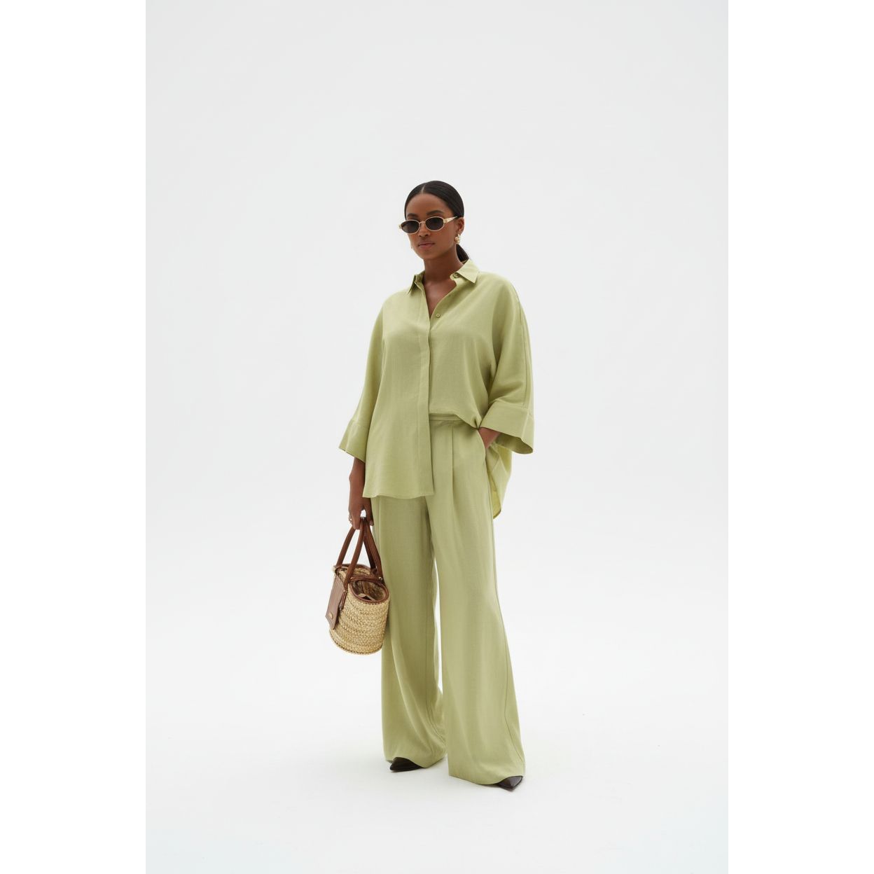 Two-Piece Set Button- Collar Shirt & Loose Wide-Leg Trousers