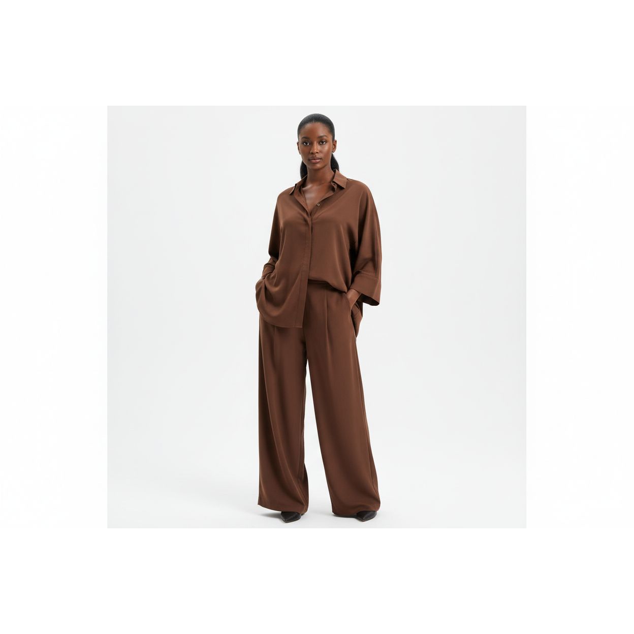 Two-Piece Set Button- Collar Shirt & Loose Wide-Leg Trousers