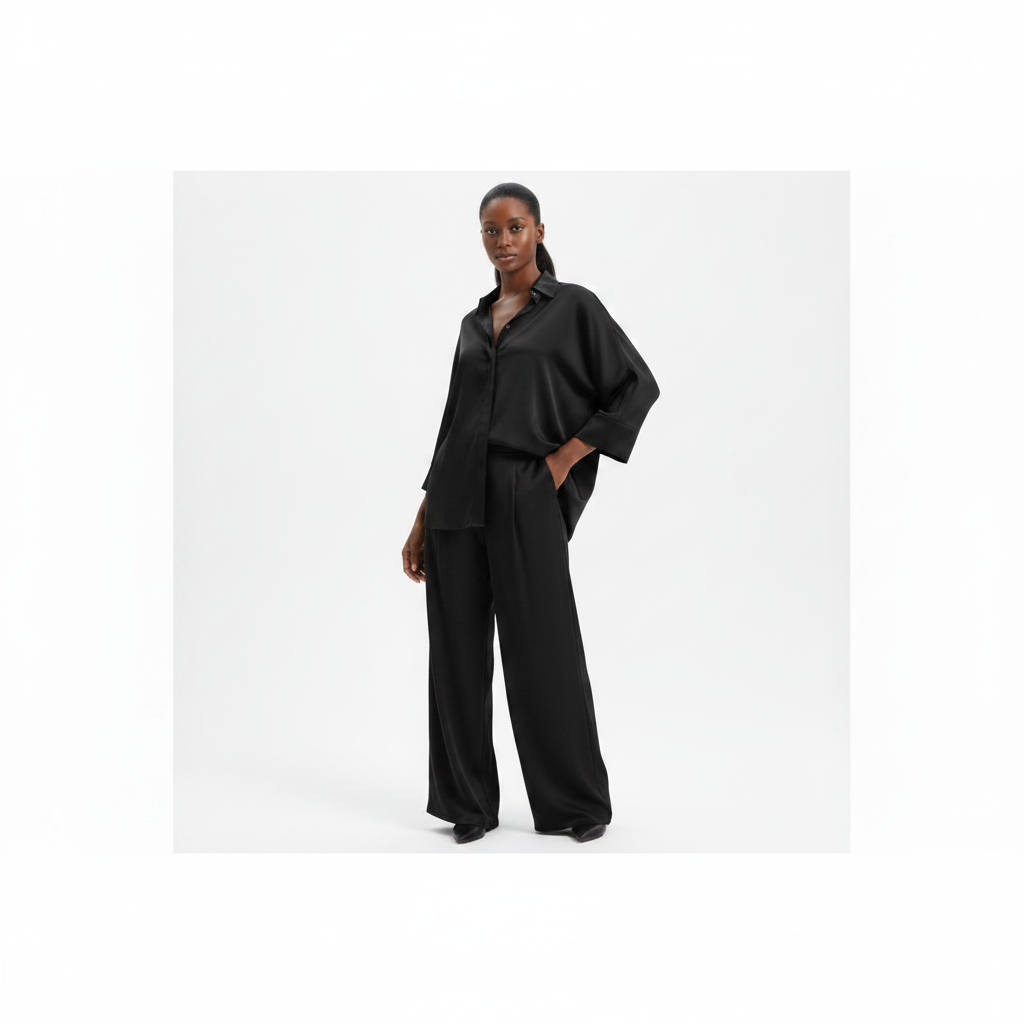 Two-Piece Set Button- Collar Shirt & Loose Wide-Leg Trousers
