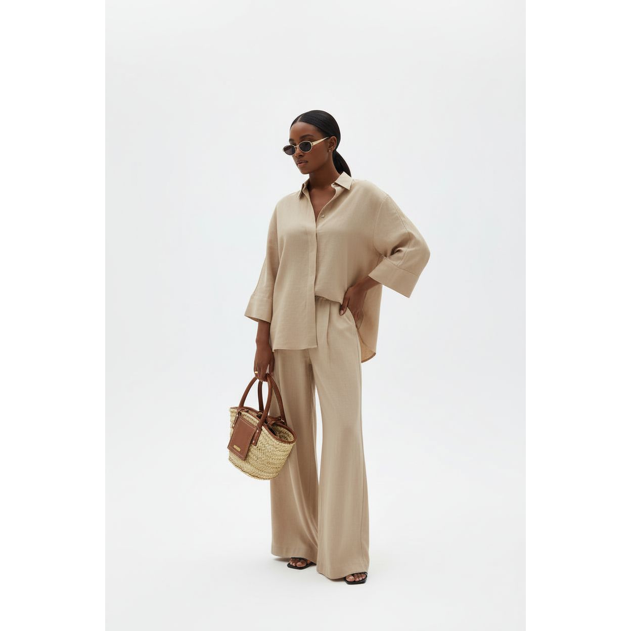 Two-Piece Set Button- Collar Shirt & Loose Wide-Leg Trousers