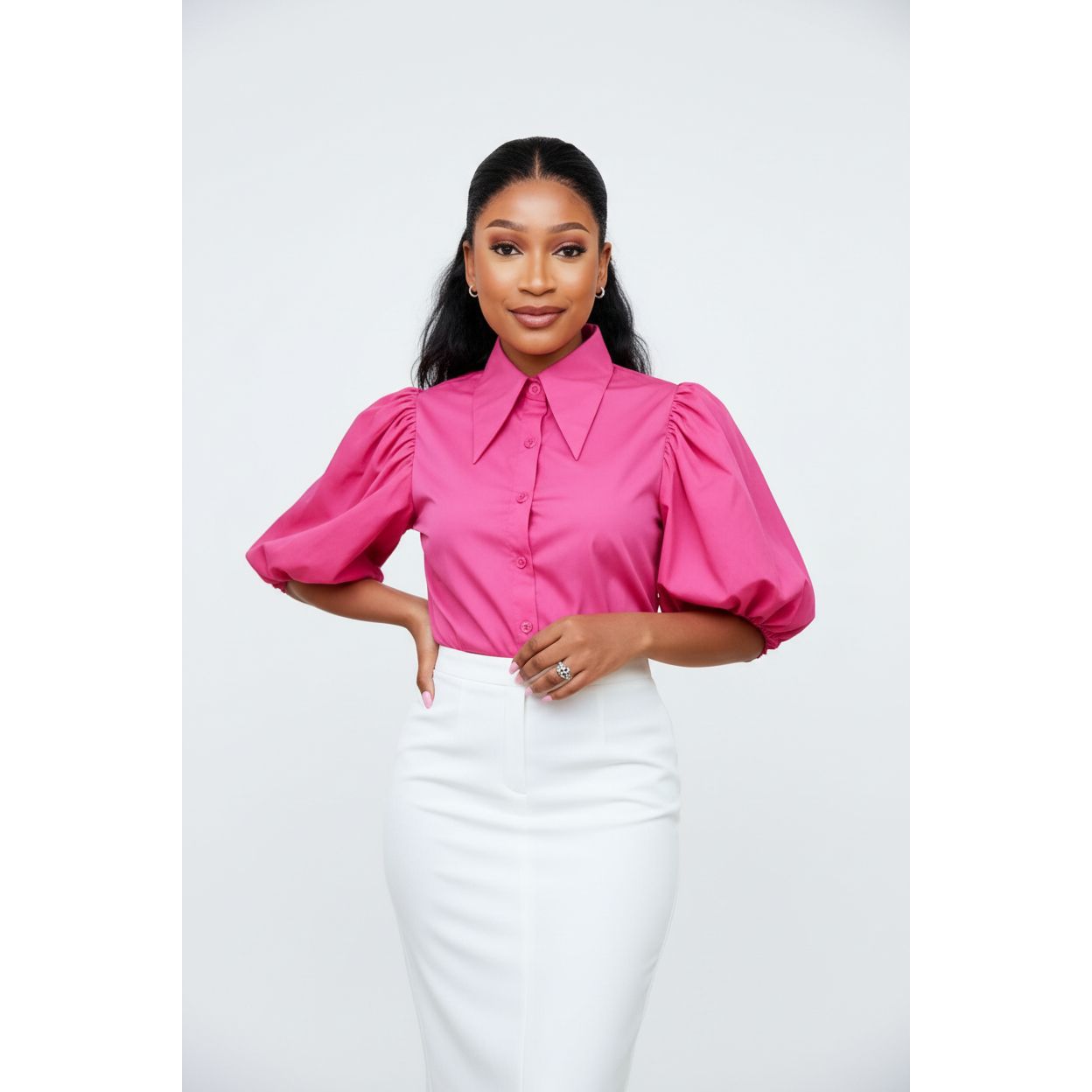 Collared Puff Sleeve Button Down Blouse