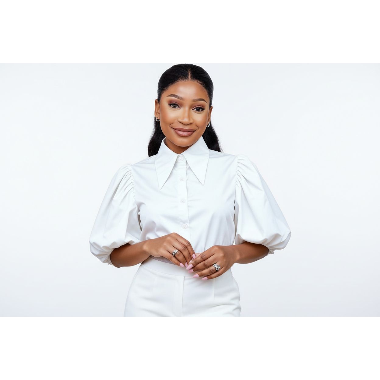 Collared Puff Sleeve Button Down Blouse