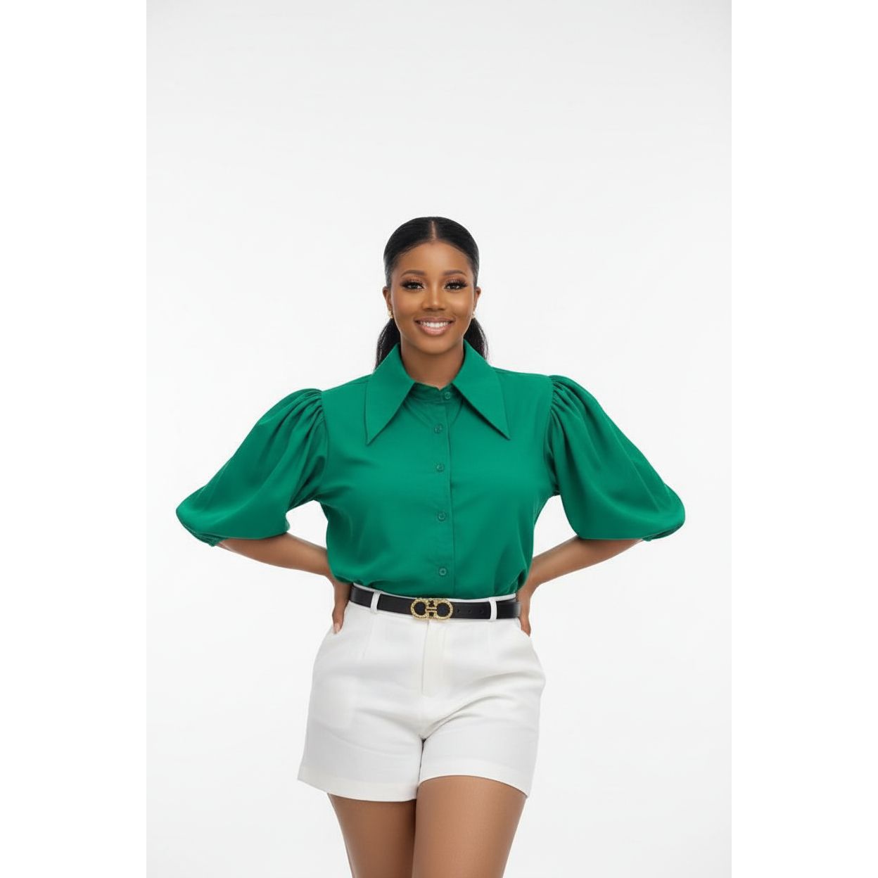 Collared Puff Sleeve Button Down Blouse