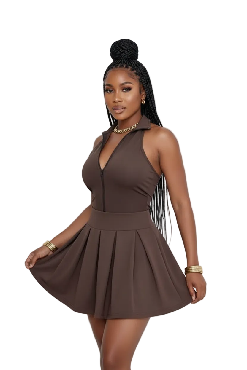 Casual Solid Color Zipper Half-Front Pleated Mini Dress