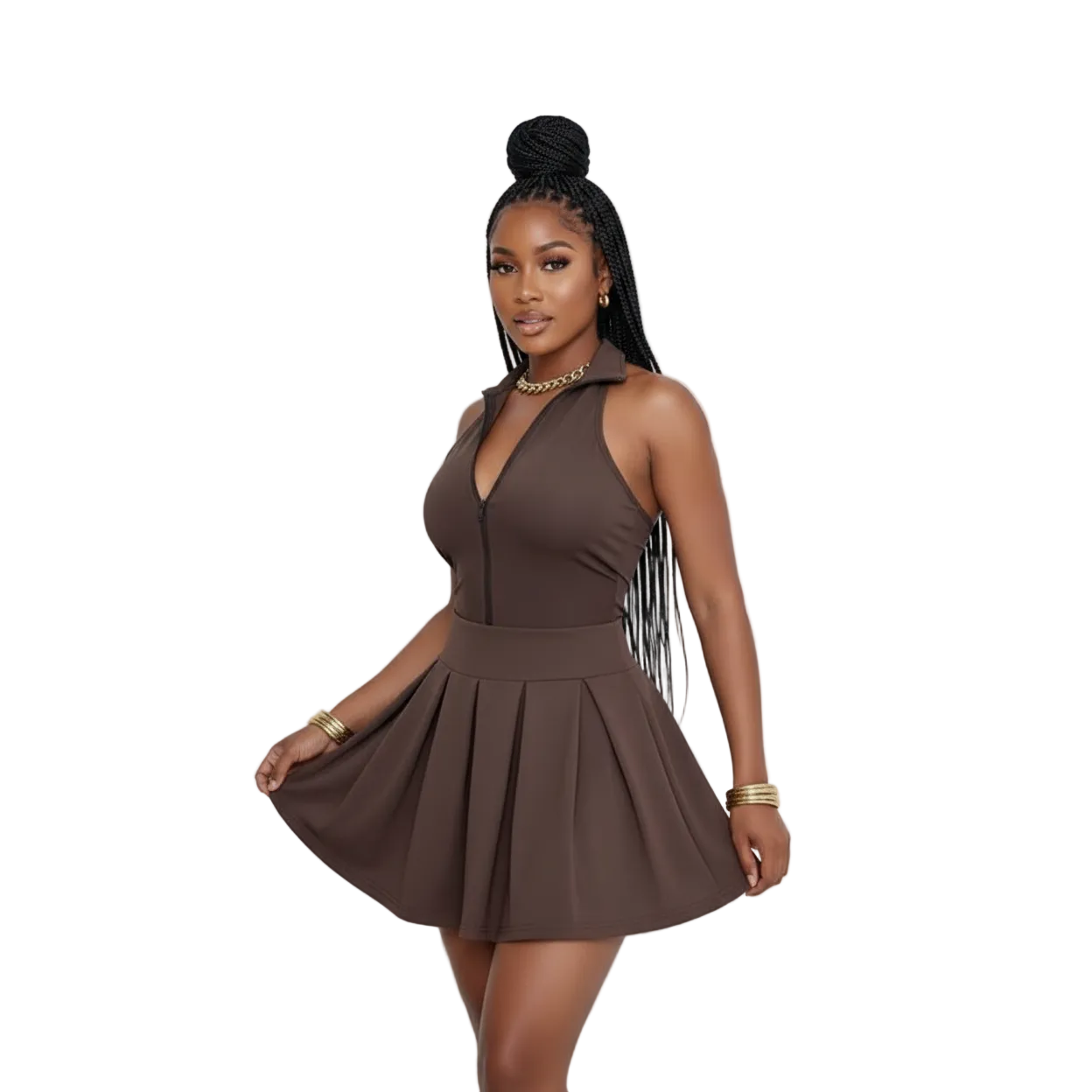 Casual Solid Zipper Half-Front Pleated Mini Dress