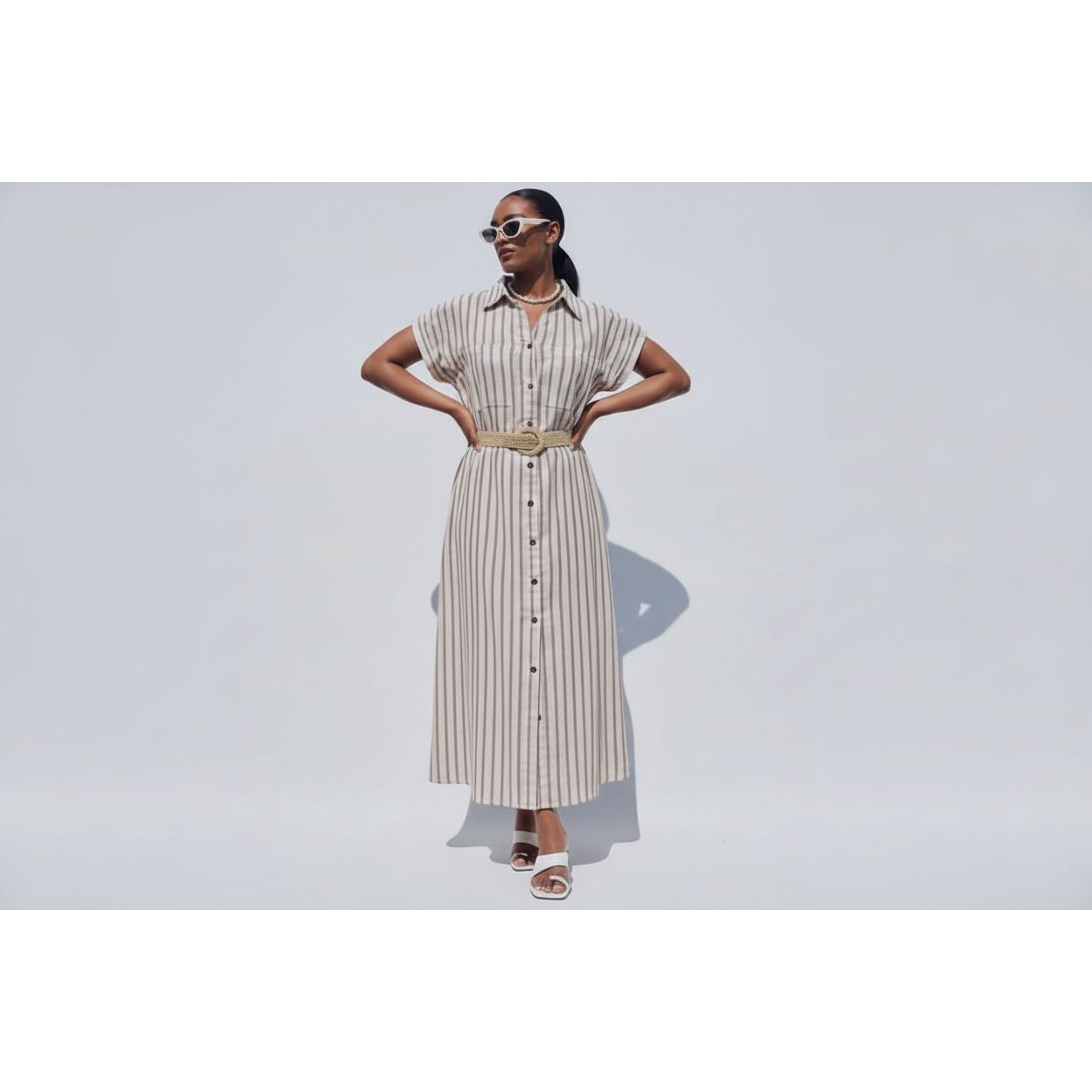 Plus Size Poplin Stripe Belted Dress