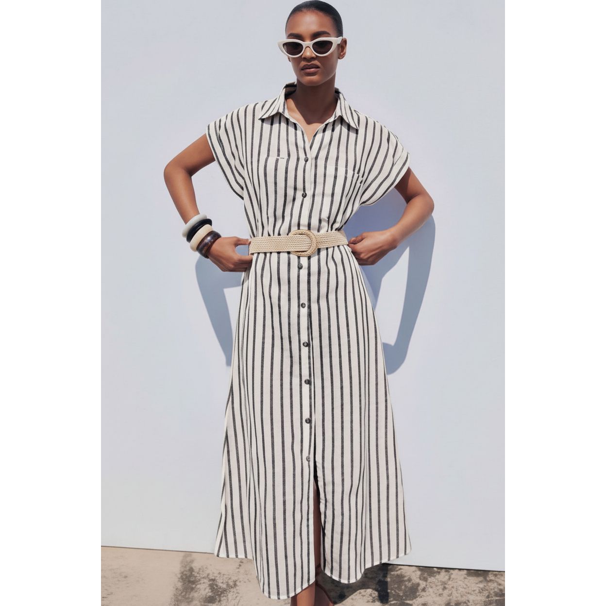 Plus Size Poplin Stripe Belted Dress