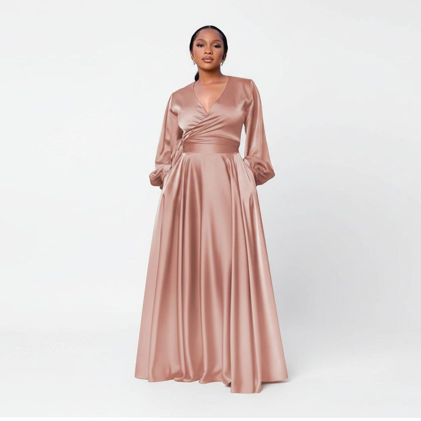Satin Long Sleeve Flowy Maxi Maxi Dress
