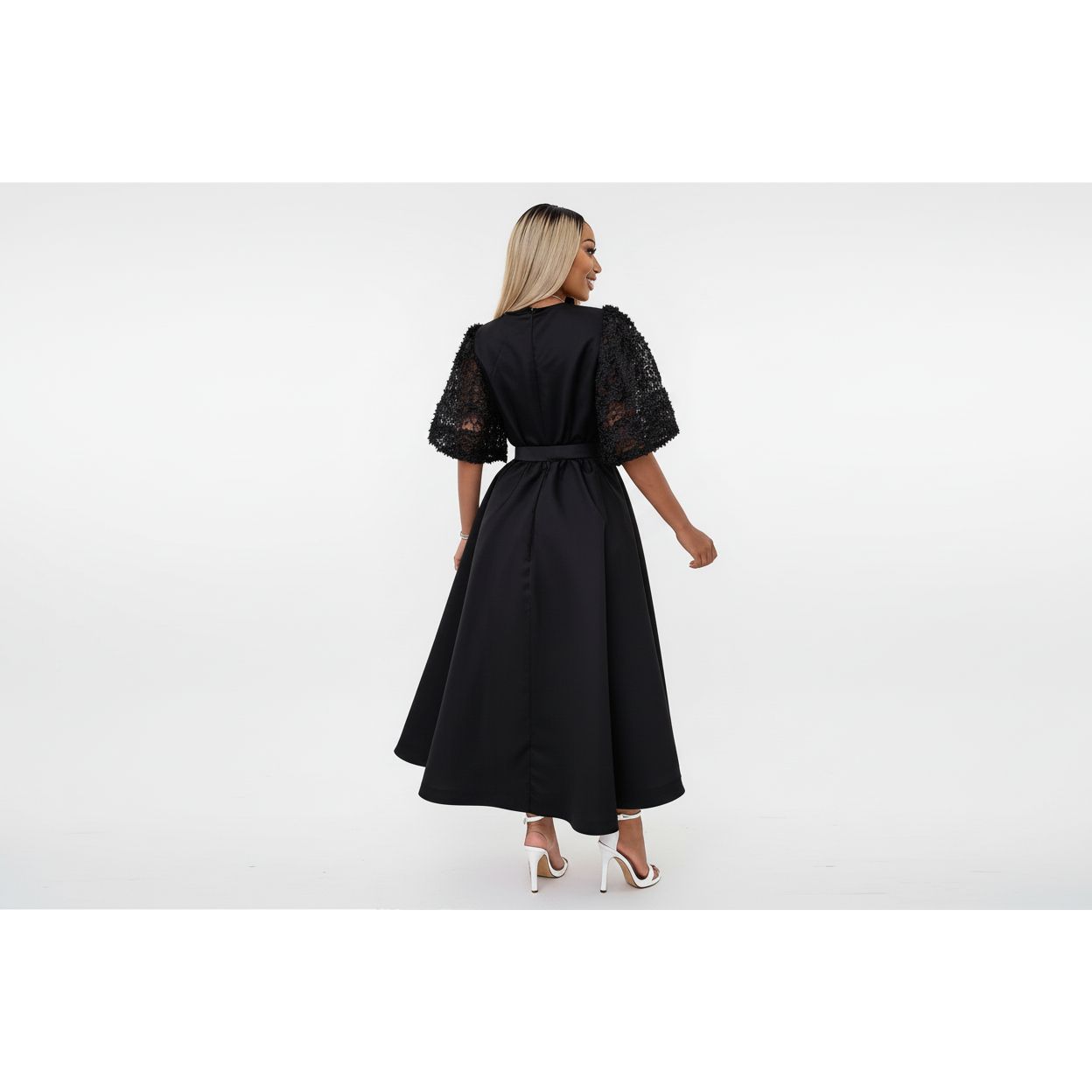 Collar Puff Sleeve Rhinestone Detail Dress