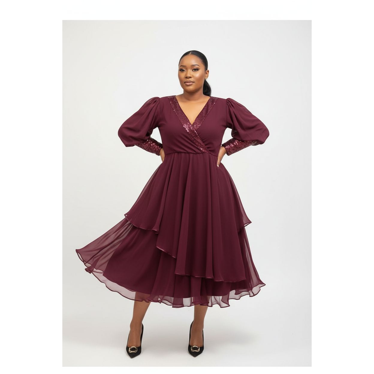 Plus Size Solid Ruffle Trim Split Hem V-Neck Dress