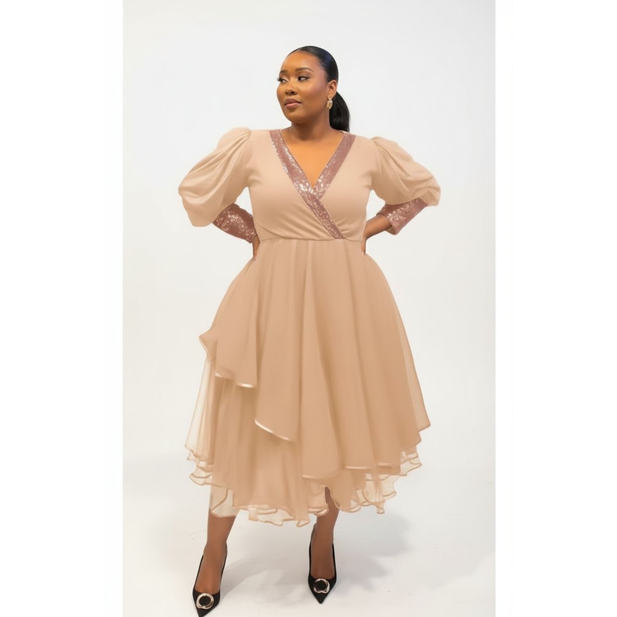 Plus Size Solid Ruffle Trim Split Hem V-Neck Dress