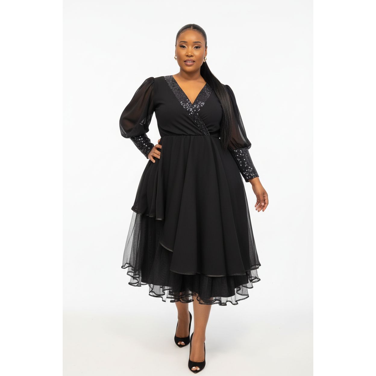 Plus Size Solid Ruffle Trim Split Hem V-Neck Dress