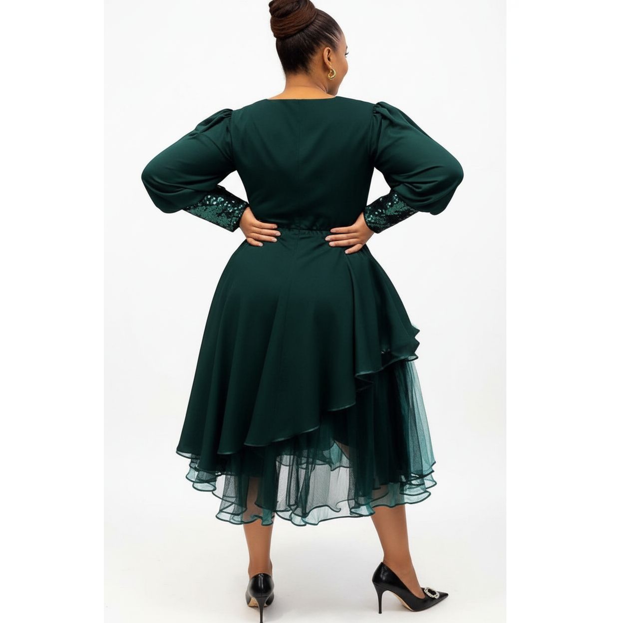 Plus Size Solid Ruffle Trim Split Hem V-Neck Dress
