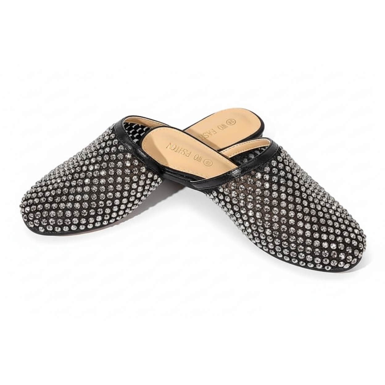 Sparkling Round-Toe Slip-On Mules with Low Heel Shoe