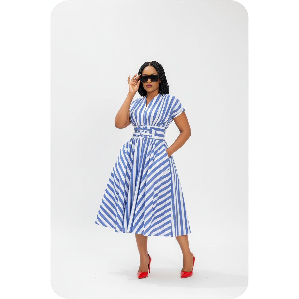 Stripe Elegant V-Neck Midi Dress