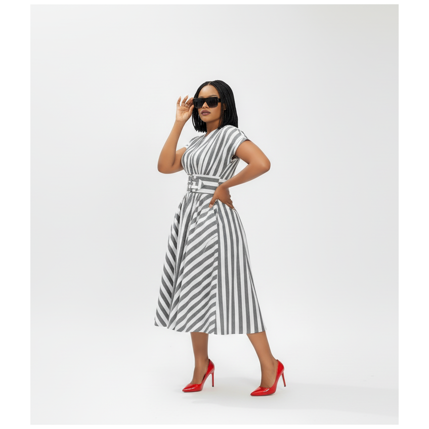 Stripe Elegant V-Neck Midi Dress