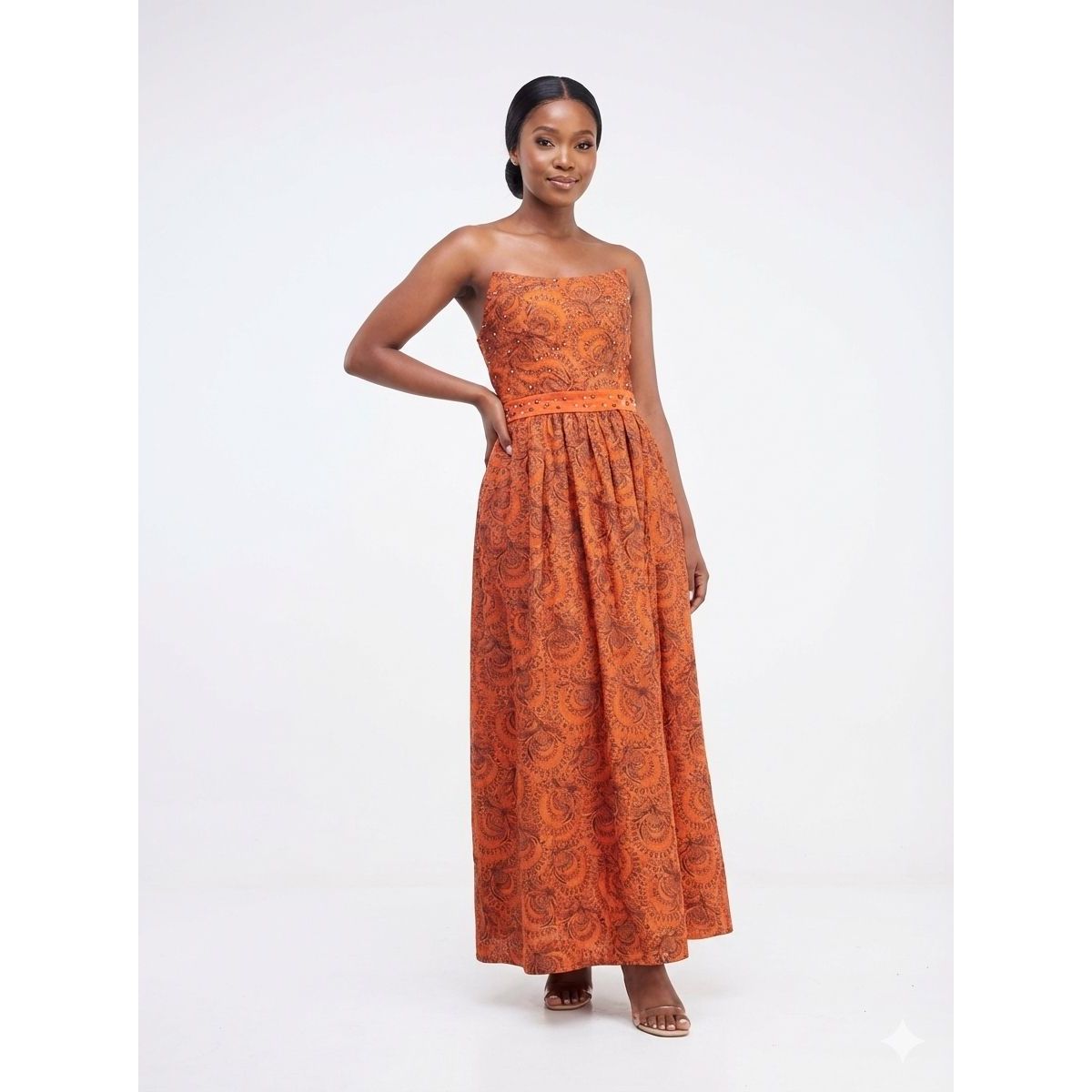 Sleeveless Pearl Decor Printed Maxi Dress