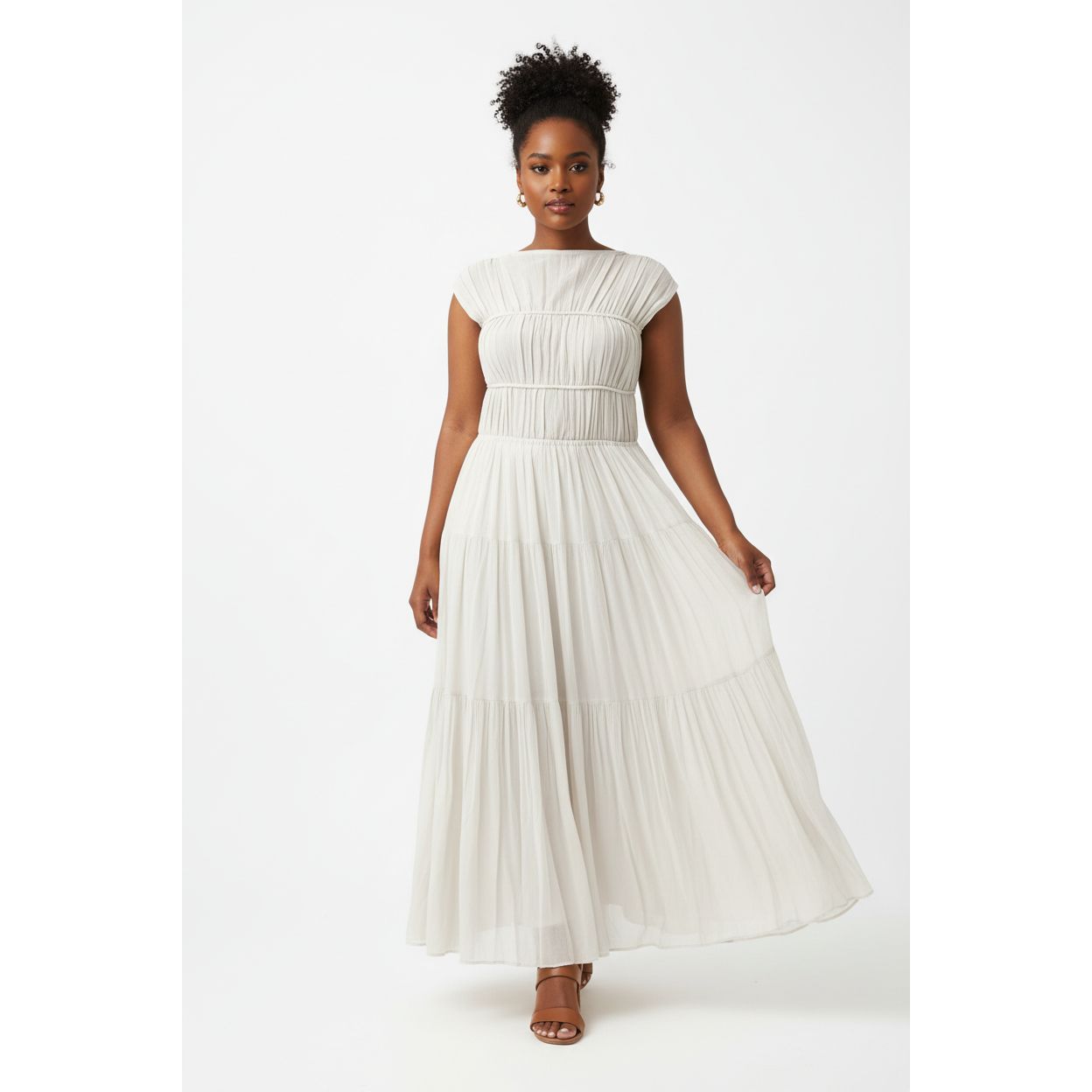 O-Neck Pleated Spliced Solid Wrap Waist Maxi Dress