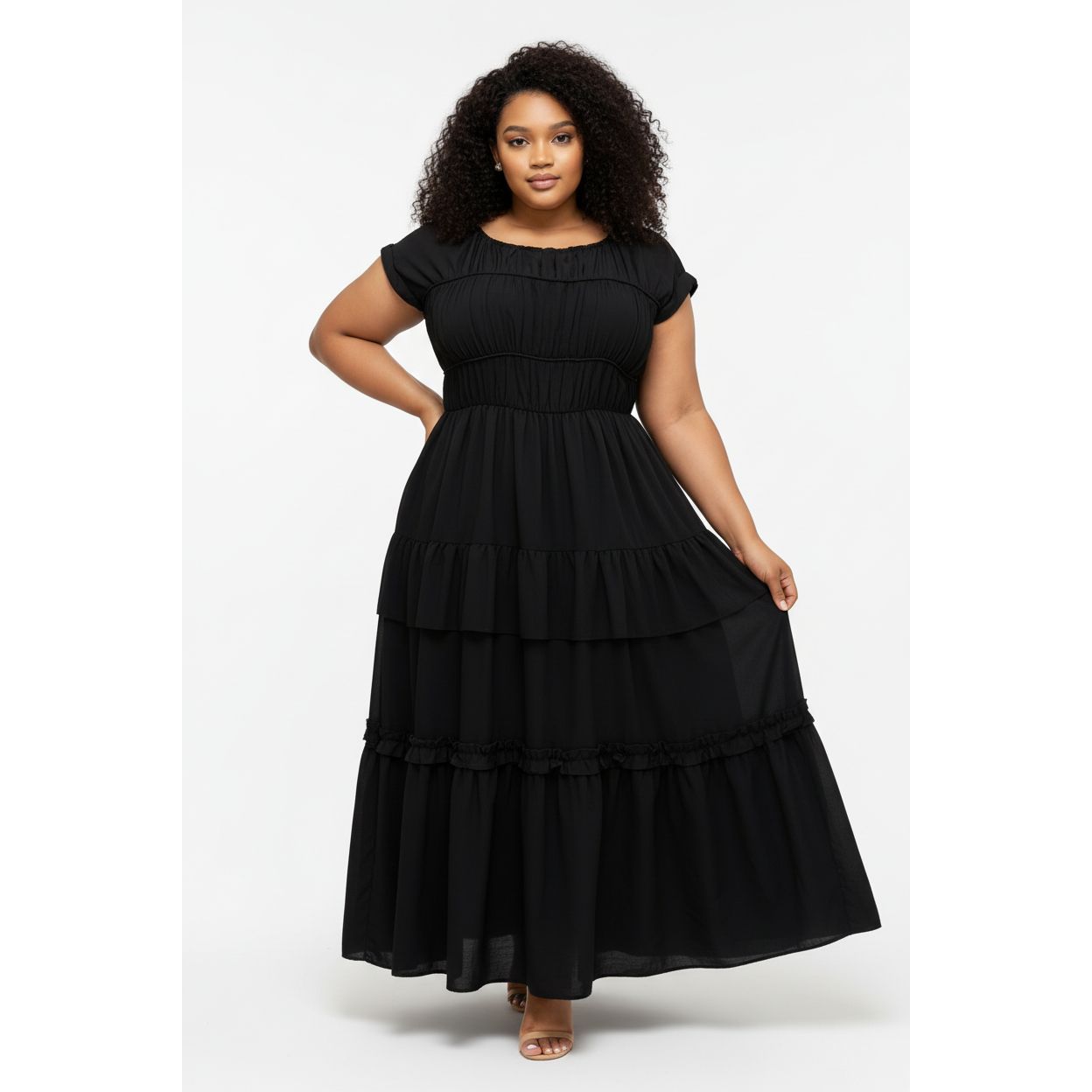 O-Neck Pleated Spliced Solid Wrap Waist Maxi Dress