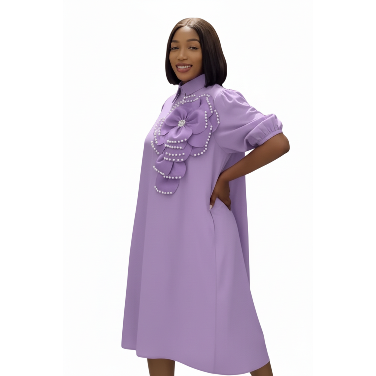 Floral Embroided Pearl Design  Decor Midi Dress