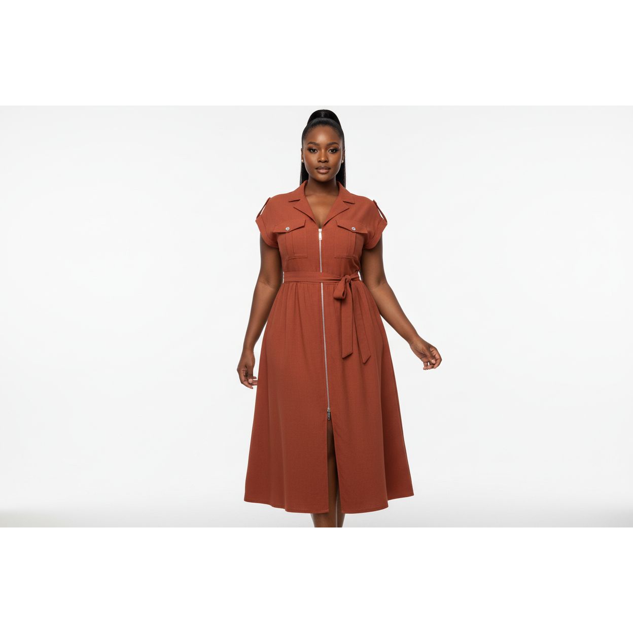 Plus Size Zipper Pocket Elegant Long Dress