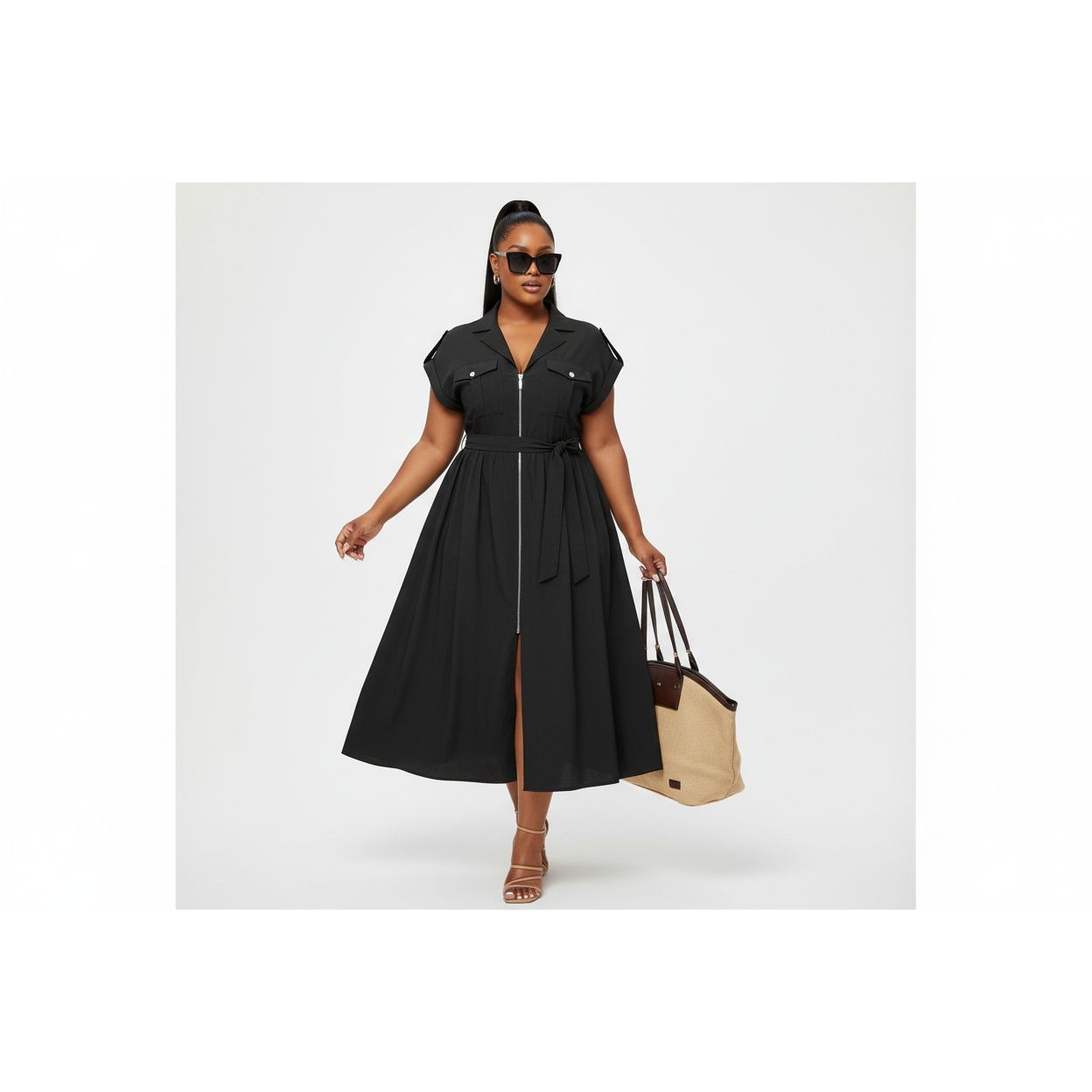 Plus Size Zipper Pocket Elegant Long Dress