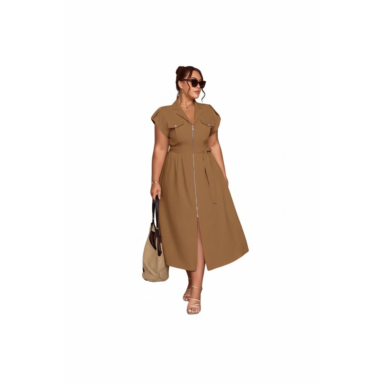 Plus Size Zipper Pocket Elegant Long Dress