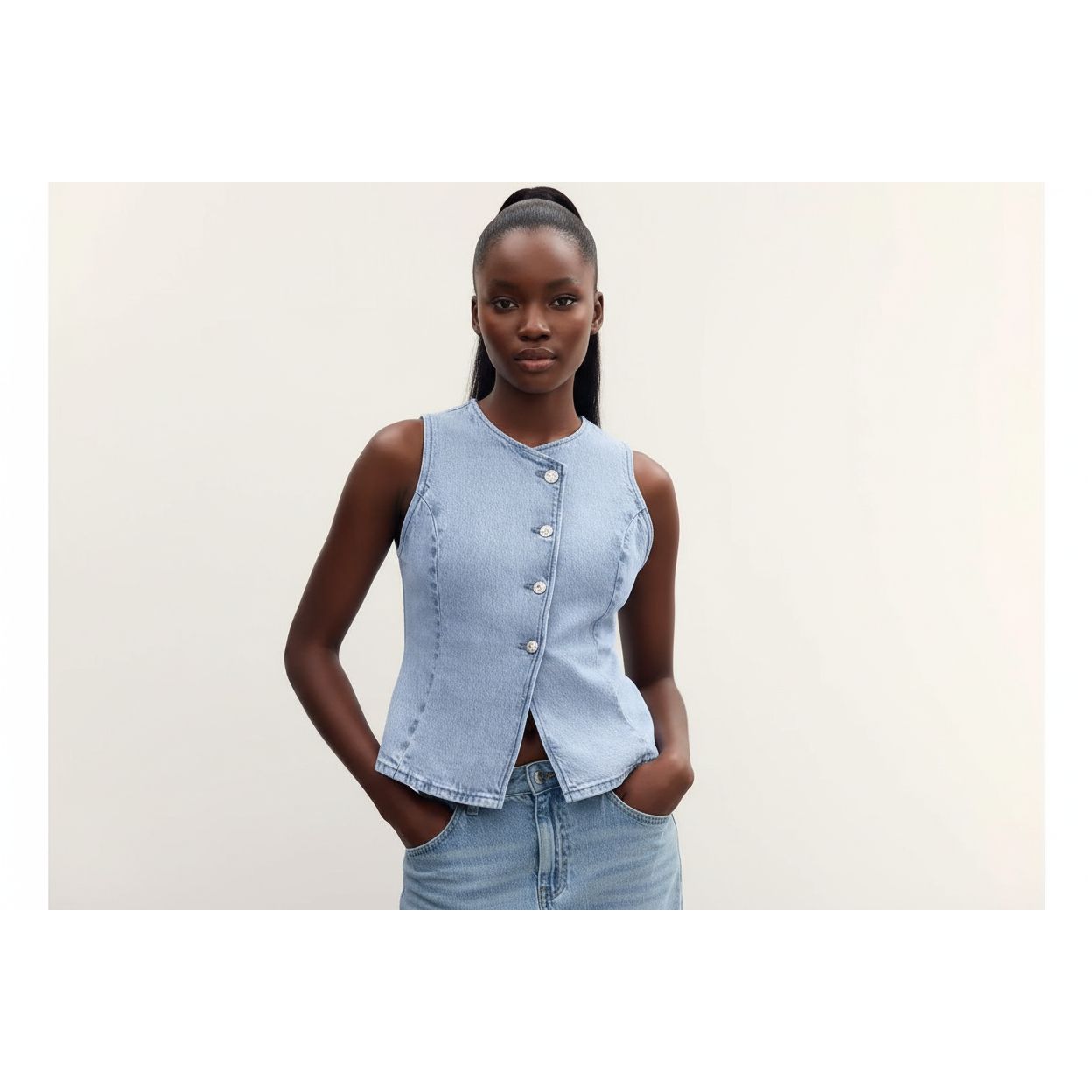 Casual Front Slit Slim Denim Tank Top