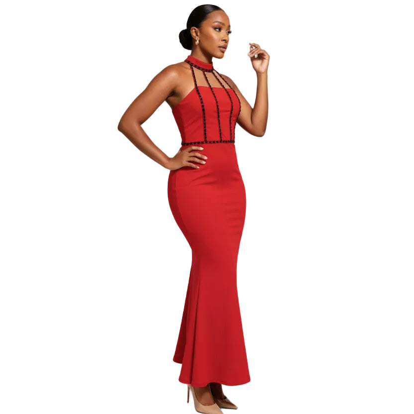 Halter Neck Elegant Solid Color Evening Dress