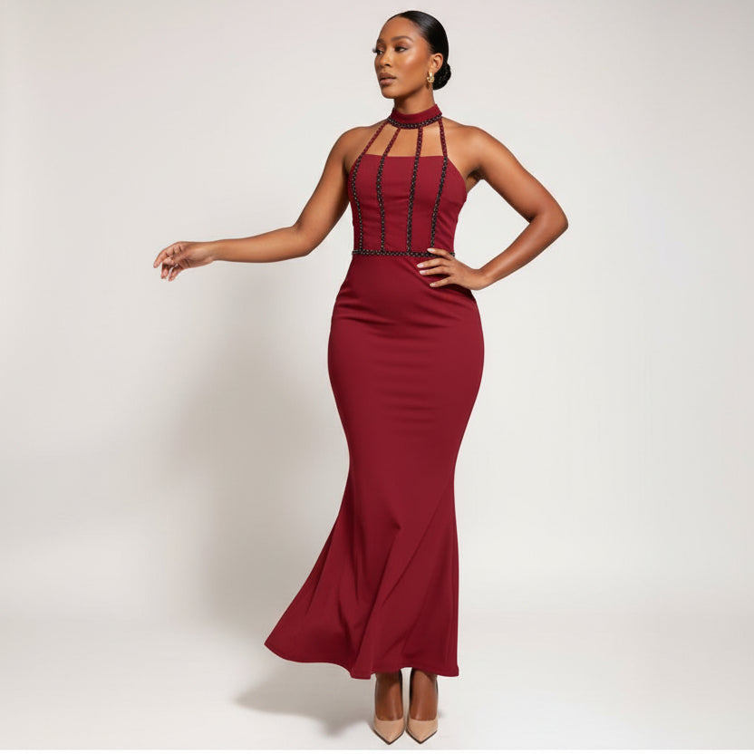 Halter Neck Elegant Solid Color Evening Dress