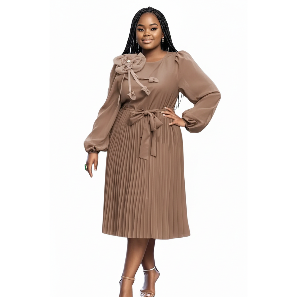 Plus Size Pleated Midi Puff Sleeve Dress