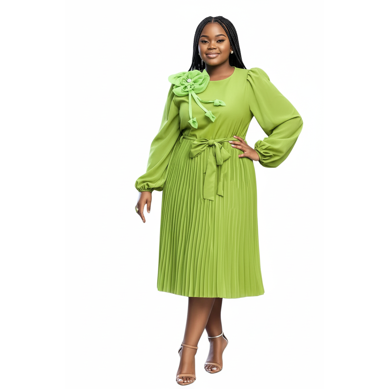 Plus Size Pleated Midi Puff Sleeve Dress