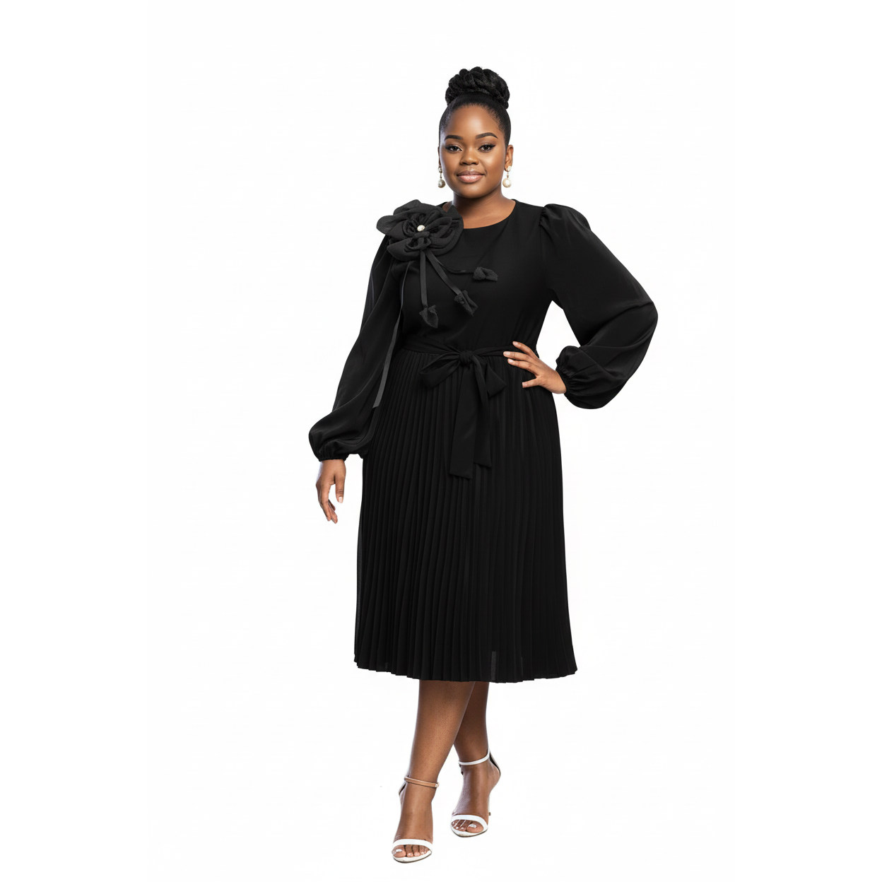 Plus Size Pleated Midi Puff Sleeve Dress
