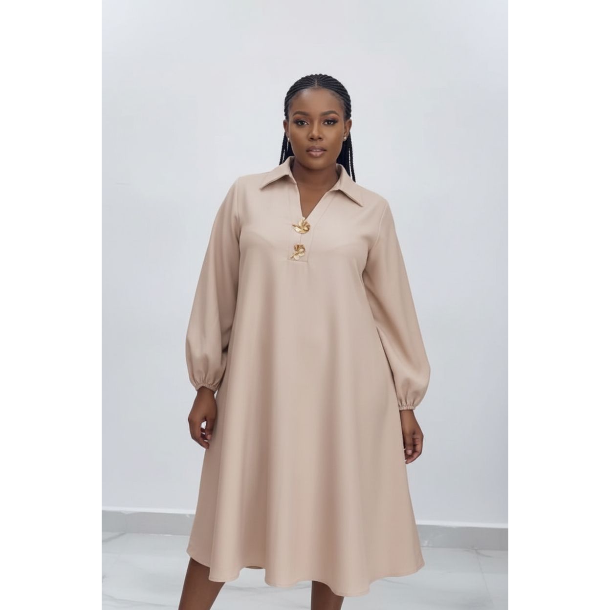 Short Sleeve Lapel Midi Dress