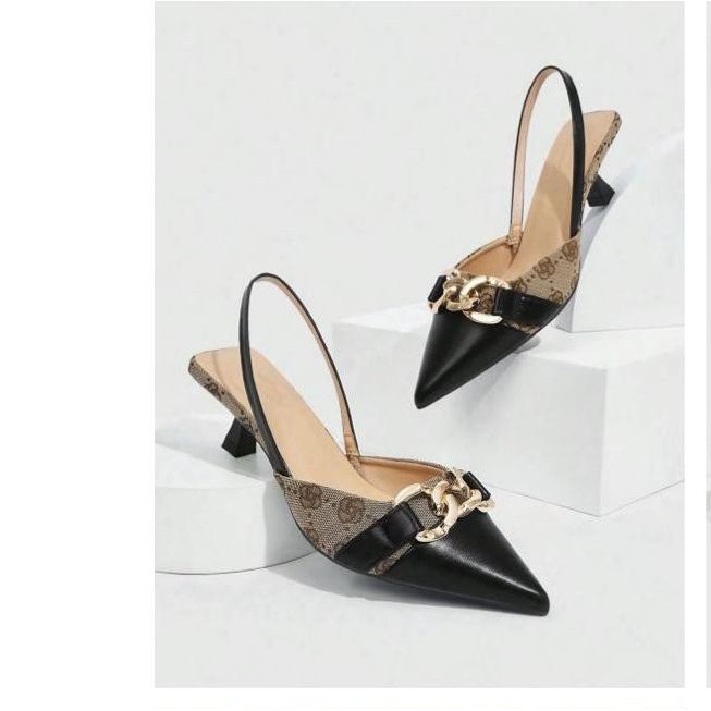 Slingback Monogram Print & Chain Kitten Heels