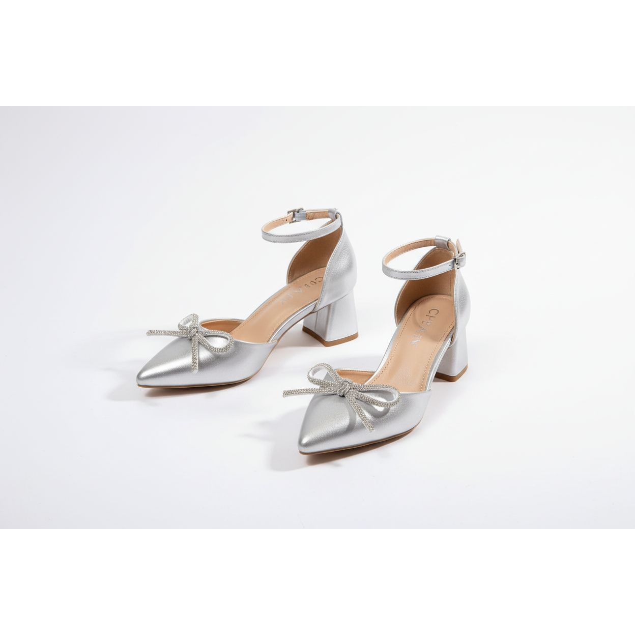 Rhinestone & Bow Chunky Ankle Strap Pumps