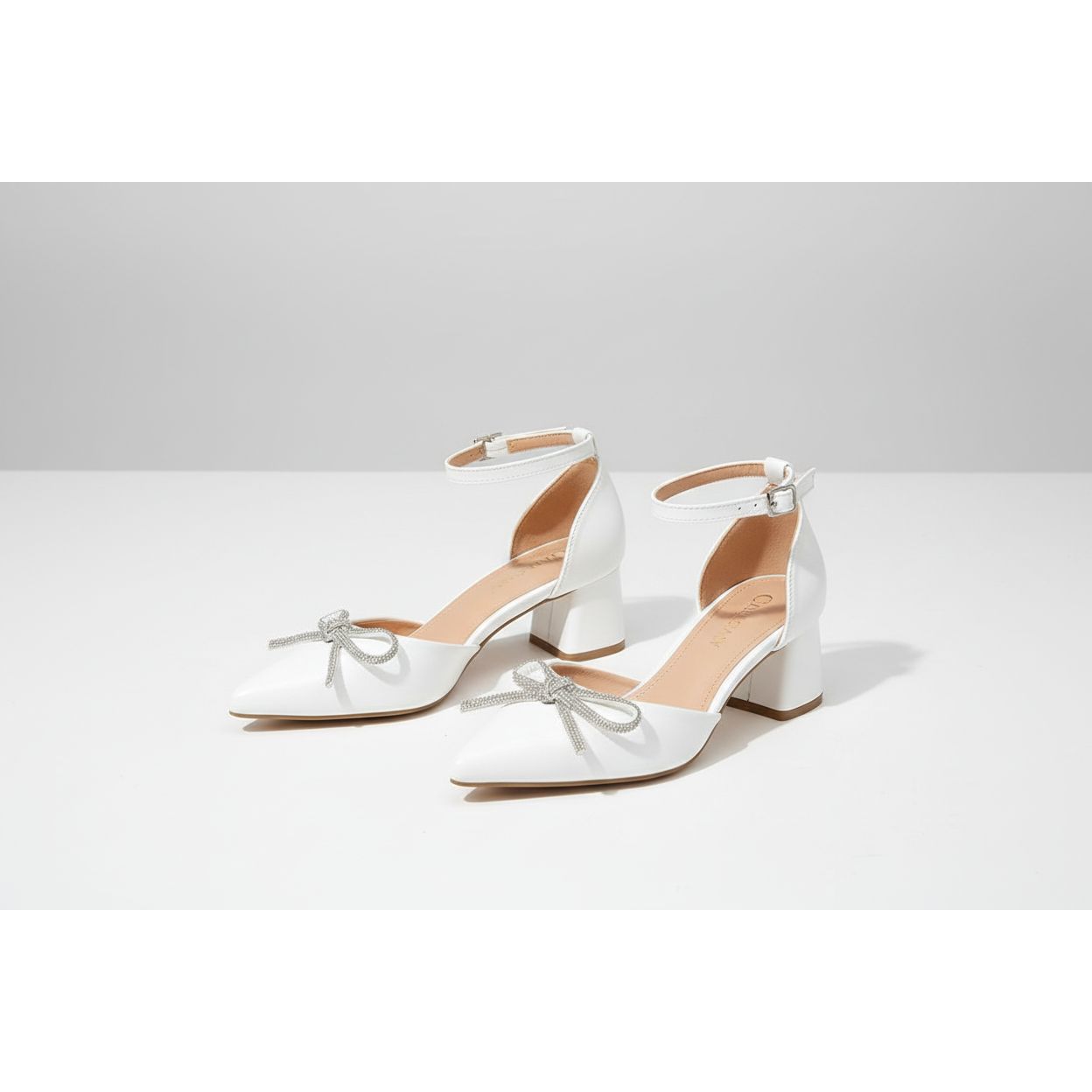 Rhinestone & Bow Chunky Ankle Strap Pumps