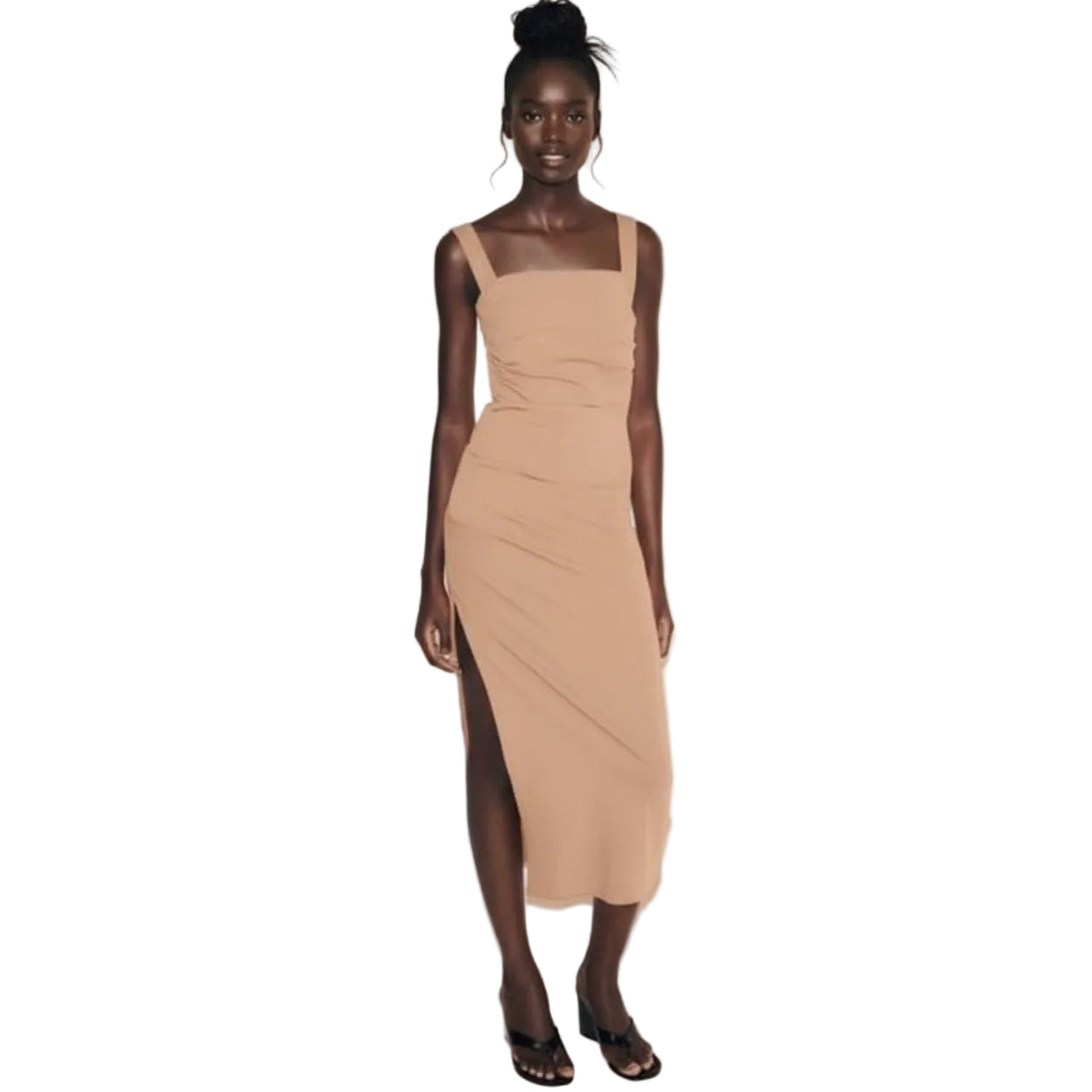 Ruched High Slit Bodycon Midi Dress