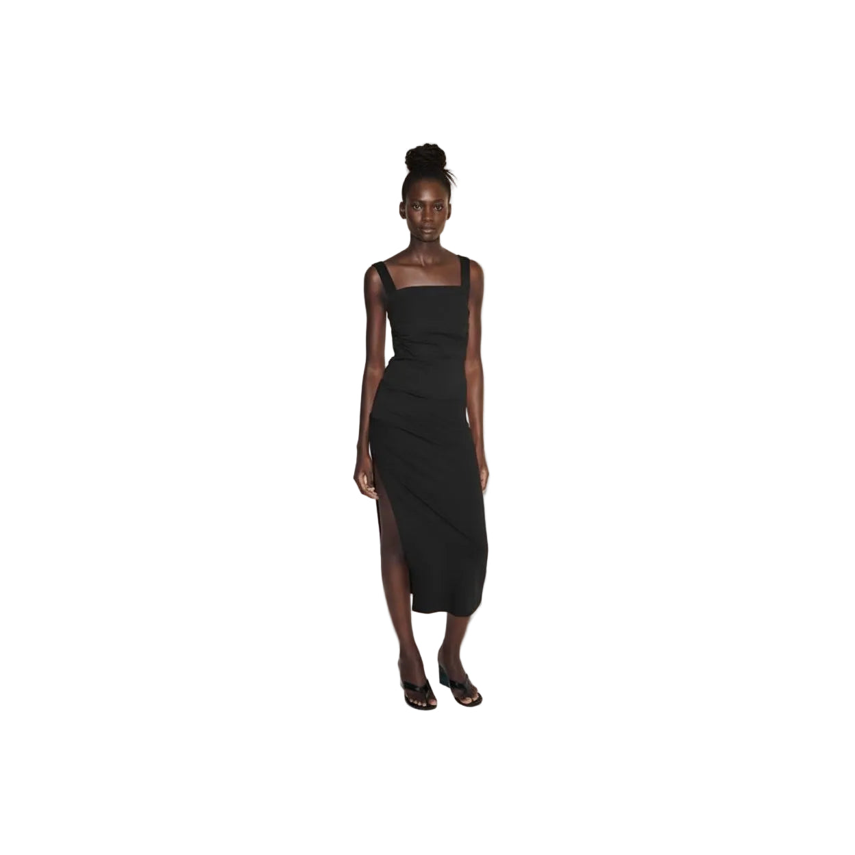 Ruched High Slit Bodycon Midi Dress