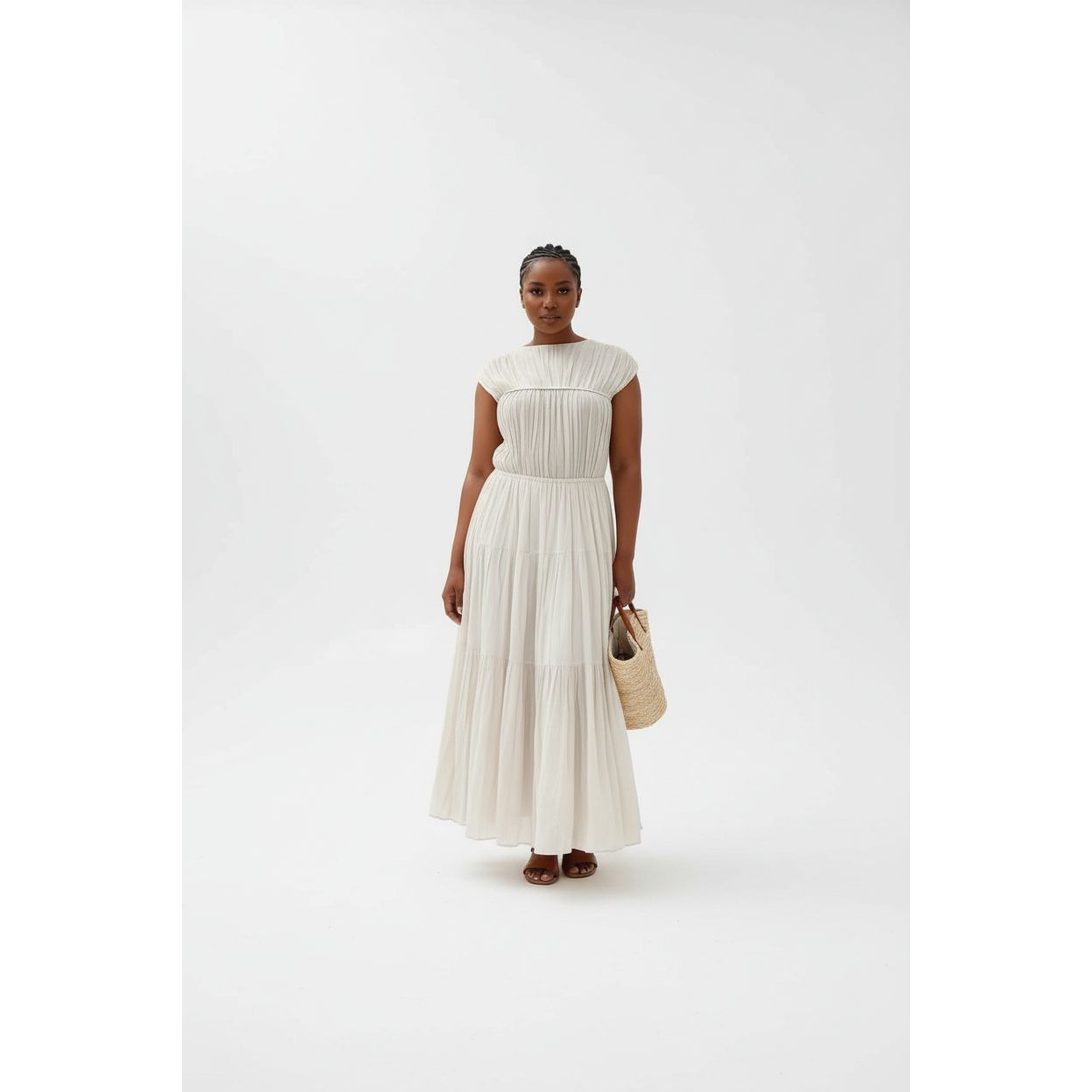 O-Neck Pleated Spliced Solid Wrap Waist Maxi Dress