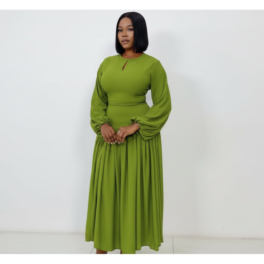 Plus Size Balloon Sleeve Pleated Midi Dress