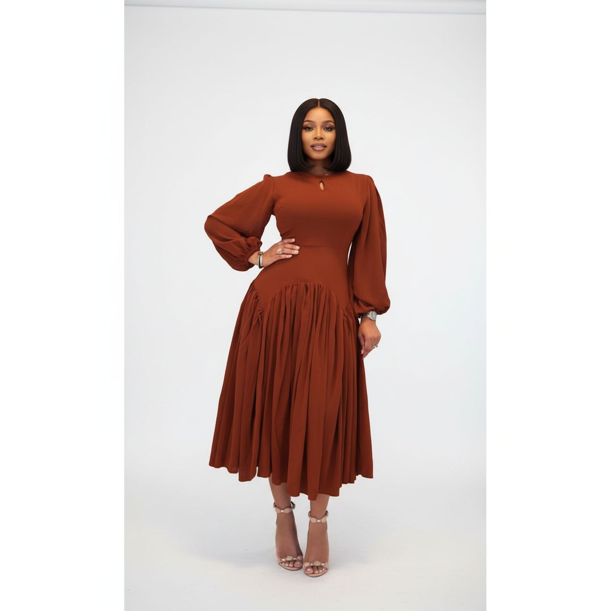 Plus Size Balloon Sleeve Pleated Midi Dress