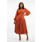 Plus Size Balloon Sleeve Pleated Midi Dress