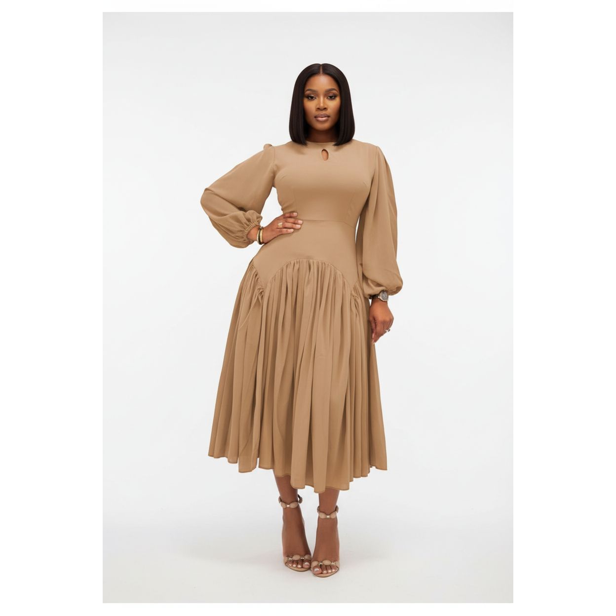 Plus Size Balloon Sleeve Pleated Midi Dress