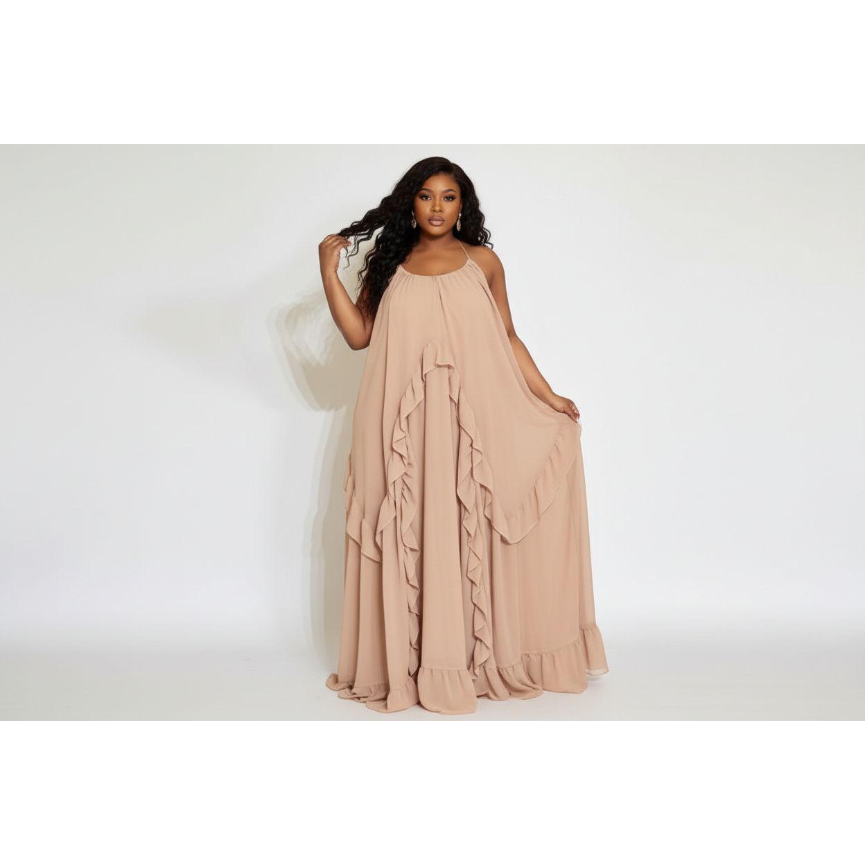 Loose-Fit Trapeze Ruffle Maxi Dress
