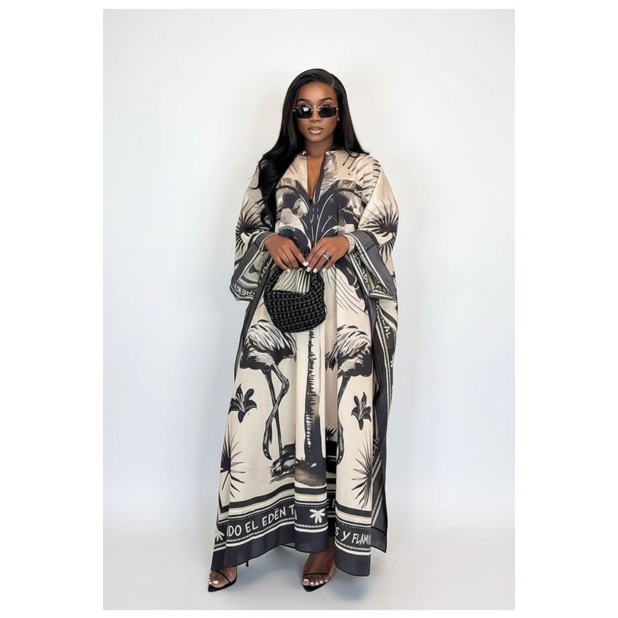 Off White Tropical Print Kaftan Dress