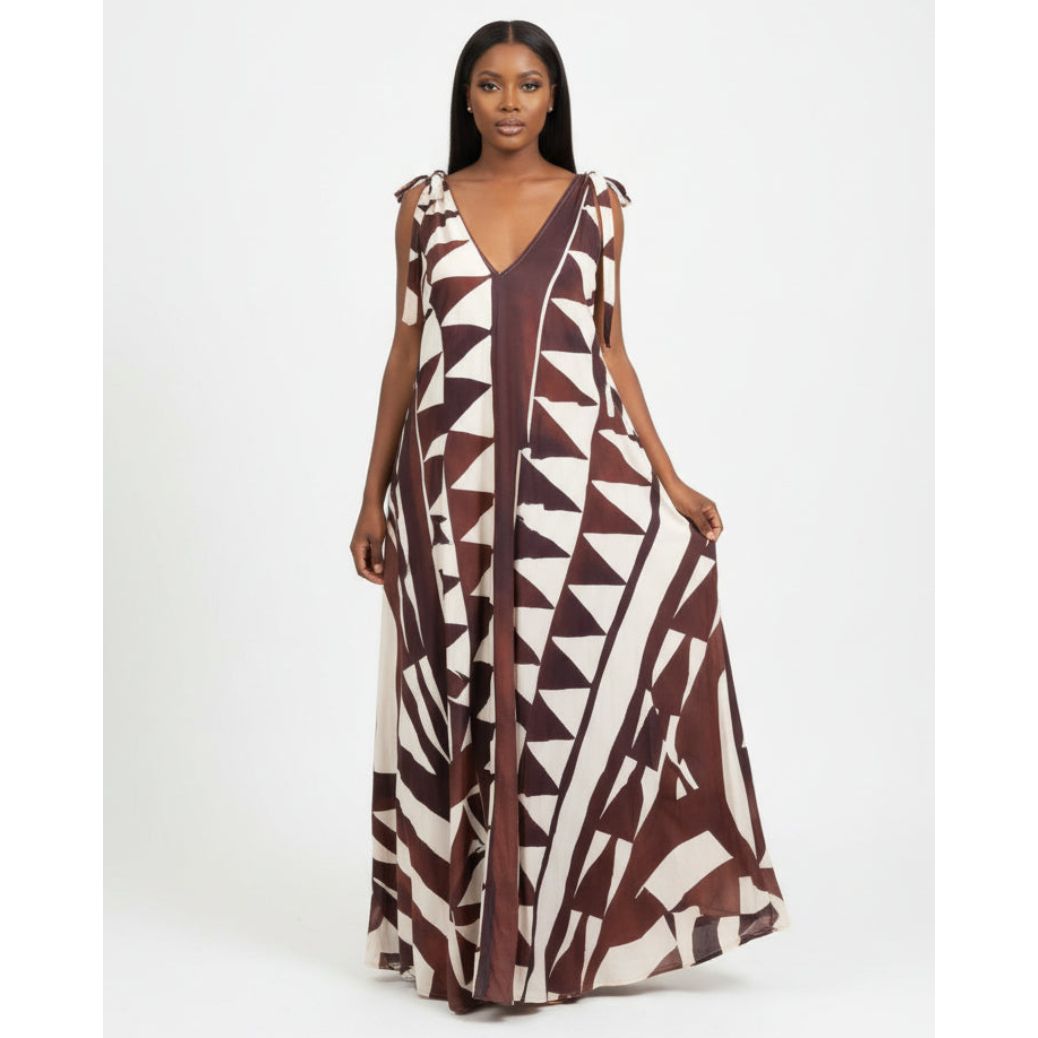 Sleeveless Geometric Pattern V-Neck Maxi Dress
