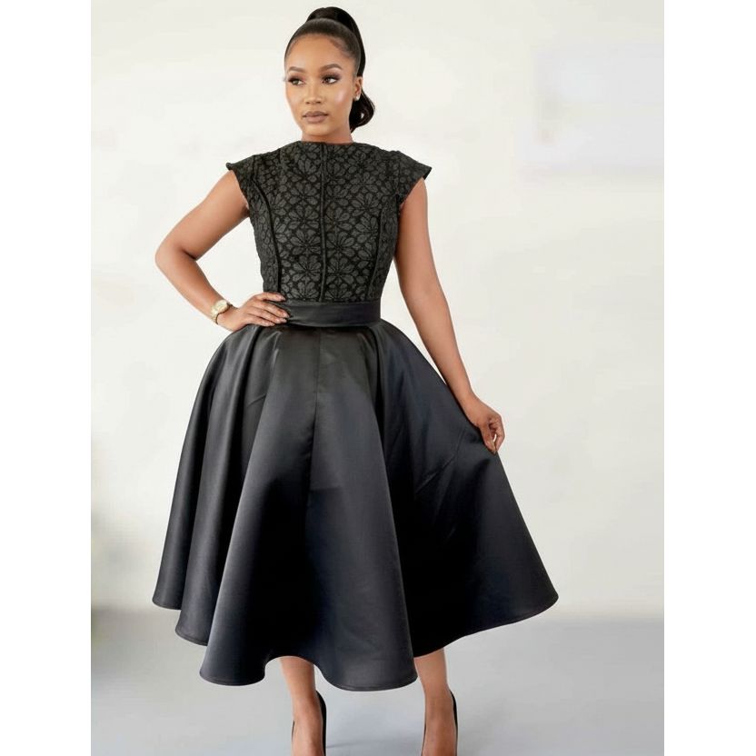 Elegant Textured Black Midi Dress