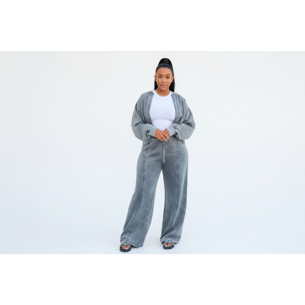 Washed Zip-Up Hoodie & High-Waisted Flare Pants